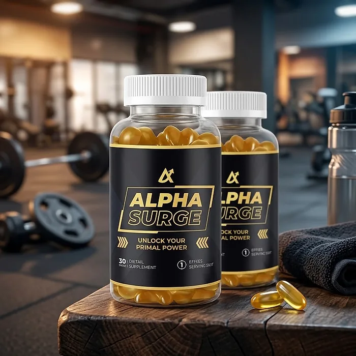 Two Alpha Surge bottles on a wooden bench in a gym beside a towel and a water bottle