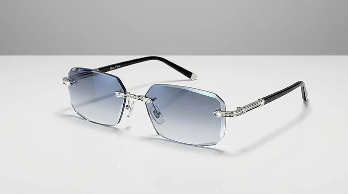 Side view of BlueLume glasses on a white surface