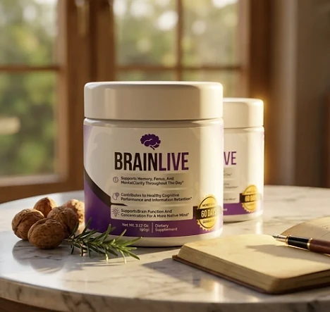 BrainLive jar on a marble table beside walnuts and rosemary