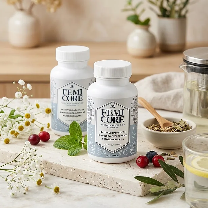 Two FemiCore bottles on a travertine stone beside white flowers, cranberries, a bowl of seeds and a glass of lemon water