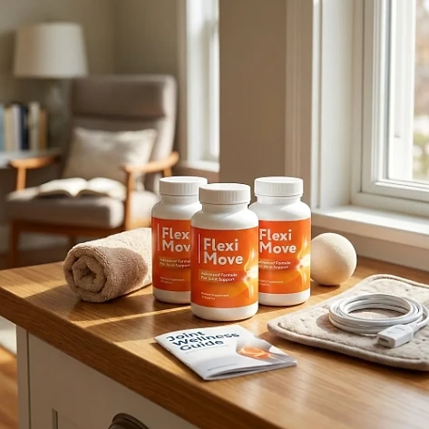 Three Flexi Move bottles on a wooden table beside a rolled towel