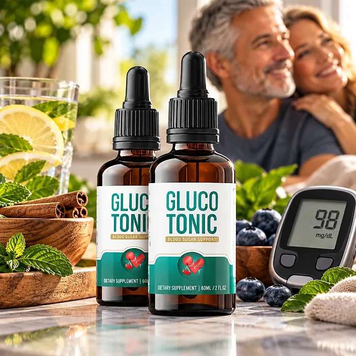 GlucoTonic dropper bottles beside lemon water, cinnamon sticks, blueberries and a glucose meter