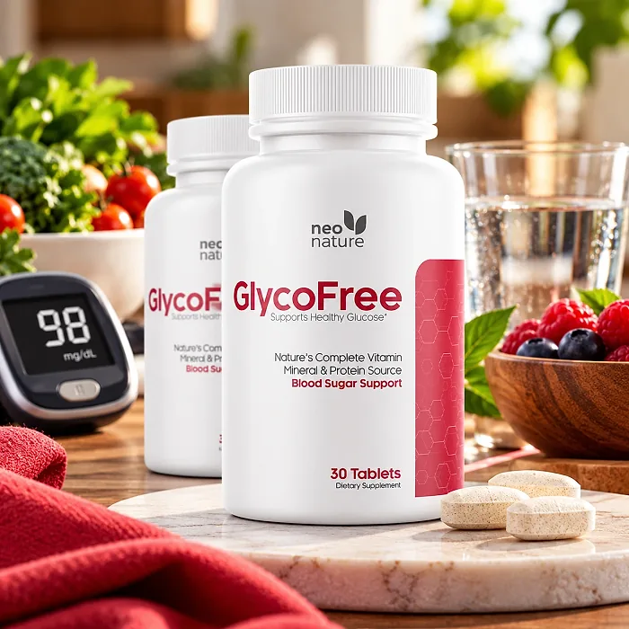 GlycoFree bottles with tablets, berries and a glass of water