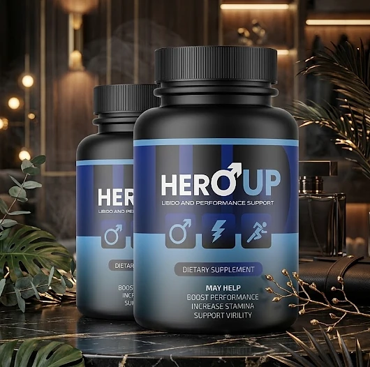Two Hero UP bottles on a black marble surface beside a cologne bottle and dried branches