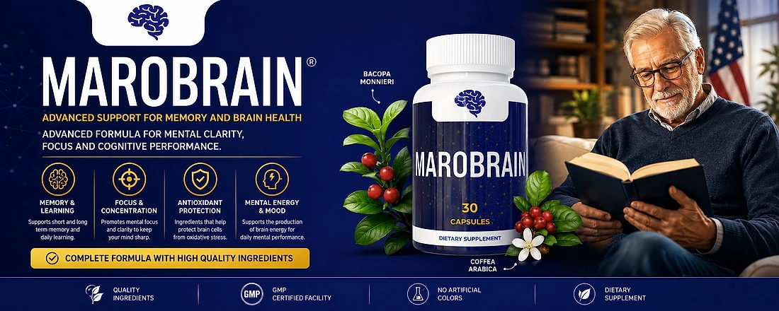 Marobrain banner: quality ingredients, GMP certified facility, no artificial colors, dietary supplement