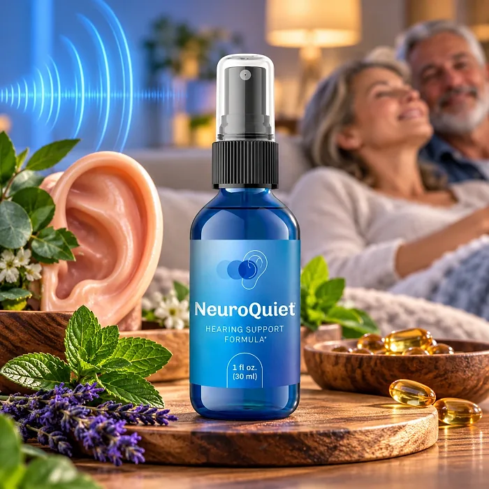 NeuroQuiet spray bottle on a wooden tray with mint, lavender and softgels
