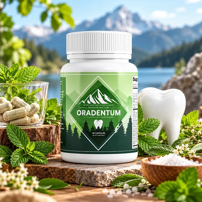 Oradentum bottle on a stone in front of mountains, with mint, capsules and a tooth model