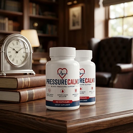 Two PressureCalmX bottles on a wooden desk in a study