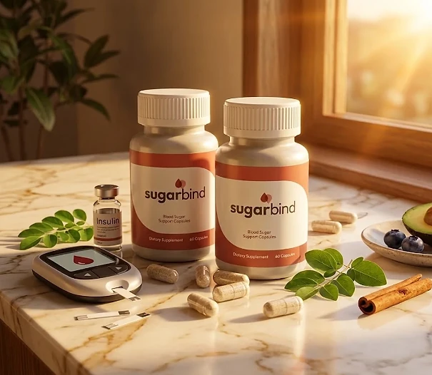 Two SugarBind bottles on a marble counter by a sunny window