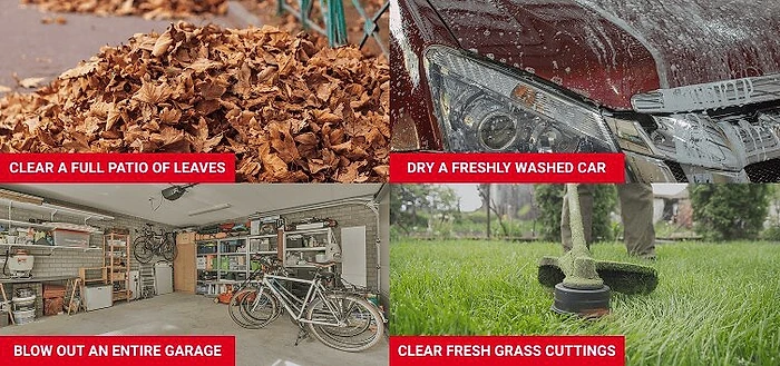 Four uses of the Wood Ranger blower: patio leaves, drying a car, a garage and grass cuttings