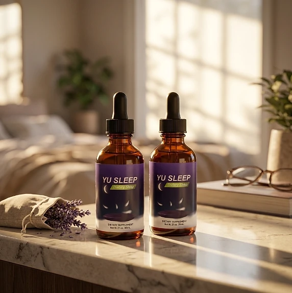Two Yu Sleep dropper bottles on a marble surface beside a sachet of lavender